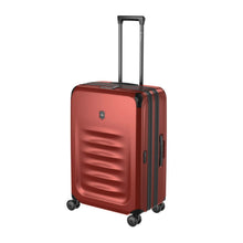 Load image into Gallery viewer, Angled front view of the suitcase with the telescopic handle extended.
