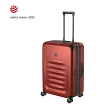 Load image into Gallery viewer, Angled front view of the suitcase with the telescopic handle extended. 

