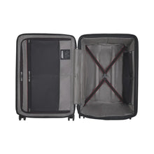 Load image into Gallery viewer, Interior view of the suitcase The front panel side has two zipper-closing compartments. The back panel has a set of straps to tie contents in place. 
