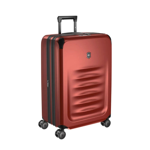 Front panel view of the suitcase with the telescopic handle partly extended. 