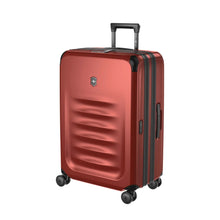 Load image into Gallery viewer, Angled front view of the suitcase with the telescopic handle partly extended. 
