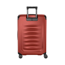 Load image into Gallery viewer, Back pale view of the suitcase with the telescopic handle partly extended. 
