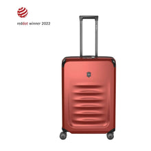 Load image into Gallery viewer, Front panel view of the suitcase with the telescopic handle extended. The &#39;reddot winner 2022&#39; icon is placed at the top left corner. 
