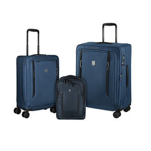 Load image into Gallery viewer, Group shot of the blue suitcase in the carry-on and medium size, along with the blue backpack of the line placed in-between.
