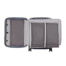 Load image into Gallery viewer, Interior view of the suitcase. The lining is light gray. The front panel has zipper-closing pockets, and a foldable compartment for garments. . 
