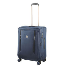 Load image into Gallery viewer, Angled front view of the blue suitcase. 
