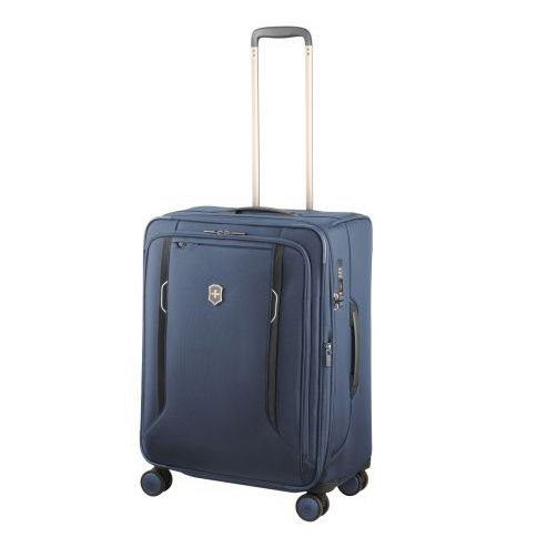 Angled front view of the blue suitcase. 