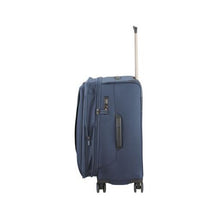 Load image into Gallery viewer, Side panel view of the blue suitcase with the expandable feature extended. It features a grab handle and a TSA approved three-digit combination lock. 
