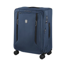 Load image into Gallery viewer, Angled front view of the blue suitcase with the telescopic handle retracted. 
