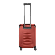 Load image into Gallery viewer, Back panel view of the suitcase with the telescopic handle extended.
