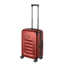 Load image into Gallery viewer, Angled front panel view of the suitcase with the telescopic handle extended.
