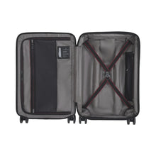 Load image into Gallery viewer, Interior view of the suitcase. The front panel side has a zipper-closing compartment with a pocket. The back panel has a set of straps to hold contents in place. 
