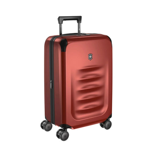 Angled front view of the suitcase with the telescopic handle partly extended. 