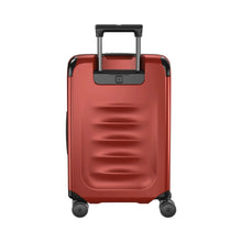 Load image into Gallery viewer, Back panel view of the suitcase with the telescopic handle partly extended. 
