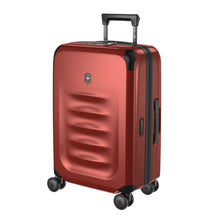 Load image into Gallery viewer, Angled front view of the suitcase with the telescopic handle partly extended. 
