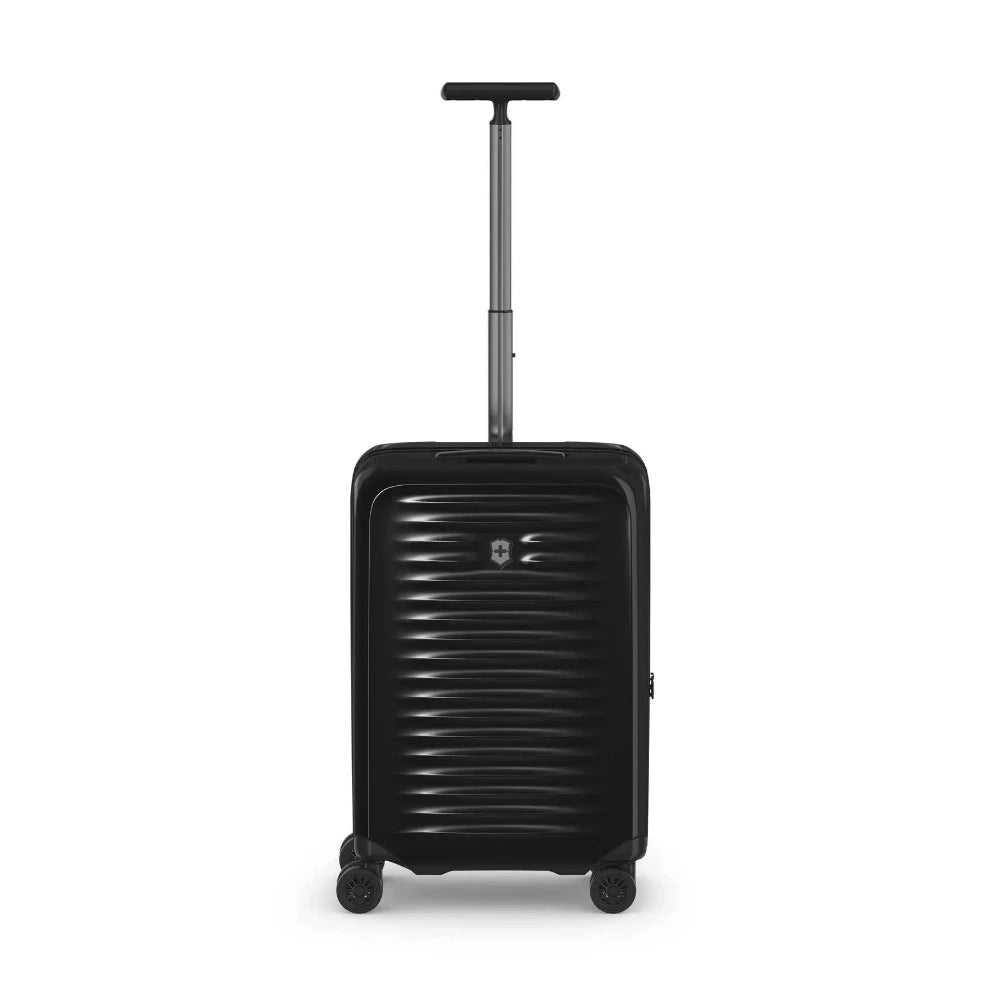 Front panel view of the black suitcase with the telescopic handle extended. 