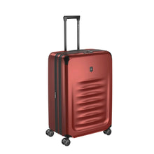 Load image into Gallery viewer, Angled front view of the suitcase with the telescopic handle extended.
