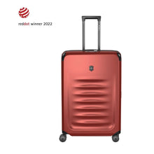 Load image into Gallery viewer, Front panel view of the suitcase with the telescopic handle extended. The reddot winner 2022 logo is placed on the top left corner. 
