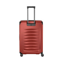 Load image into Gallery viewer, Back panel view of the suitcase with the telescopic handle extended. 
