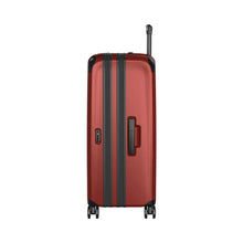 Load image into Gallery viewer, Side panel view of the suitcase showing a grab handle, and the telescopic handle partly extended. 

