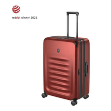 Load image into Gallery viewer, Front angled view of the suitcase with the telescopic handle extended. The &#39;reddot winner 2022&#39; icon is placed on the top left corner. 
