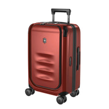 Load image into Gallery viewer, Angled front view of the suitcase with the telescopic handle partly extended. 

