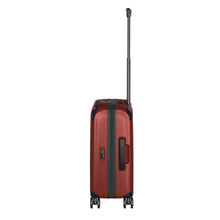 Load image into Gallery viewer, Side panel view of the suitcase with the telescopic handle extended. 
