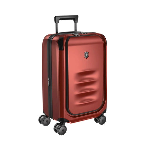 Angled front view of the suitcase with the telescopic handle partly extended.
