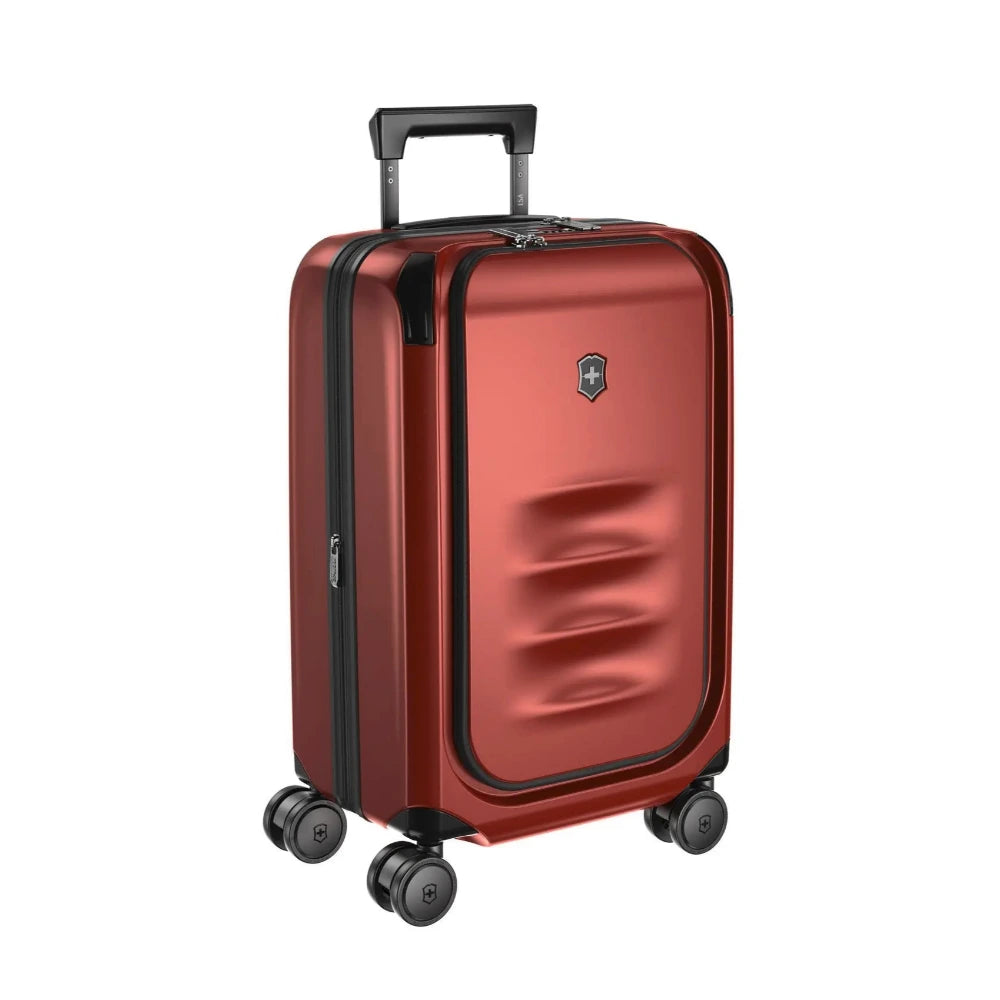 Angled front view of the suitcase with the telescopic handle partly extended.