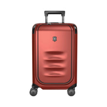 Load image into Gallery viewer, Front panel view of the red suitcase with the telescopic handle partly extended. 
