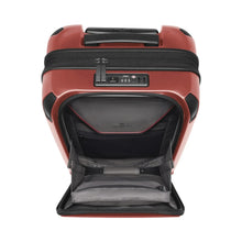 Load image into Gallery viewer, Top view of the suitcase with the front panel&#39;s pocket opened. It features a laptop and tablet compartment.
