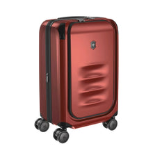 Load image into Gallery viewer, Front angled view of the red suitcase with the handle retracted. 
