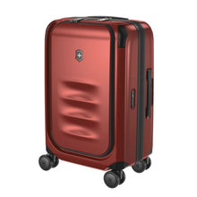 Load image into Gallery viewer, Front angled view of the suitcase with the telescopic handle retracted. 
