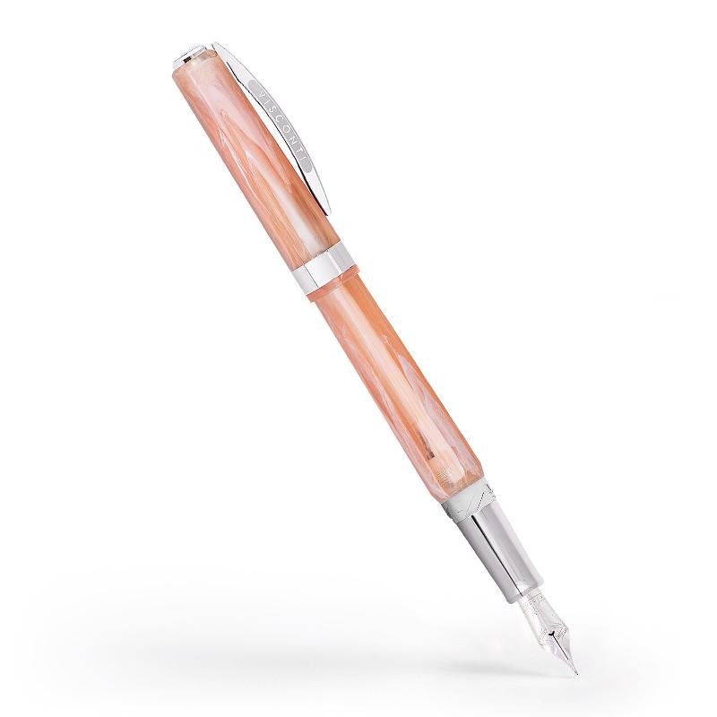 The pink fountain pen with the cap posted. 