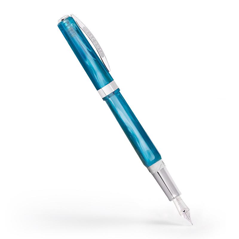 The blue fountain pen with the cap posted.