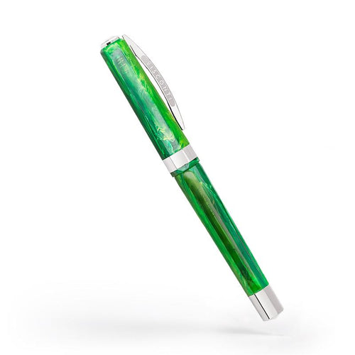 Side view of the green rollerball pen with the cap on.