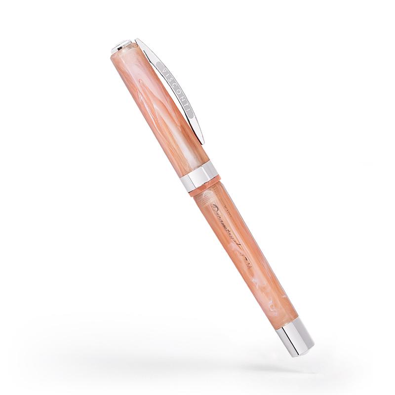 Side view of the pink rollerball pen with the cap on.