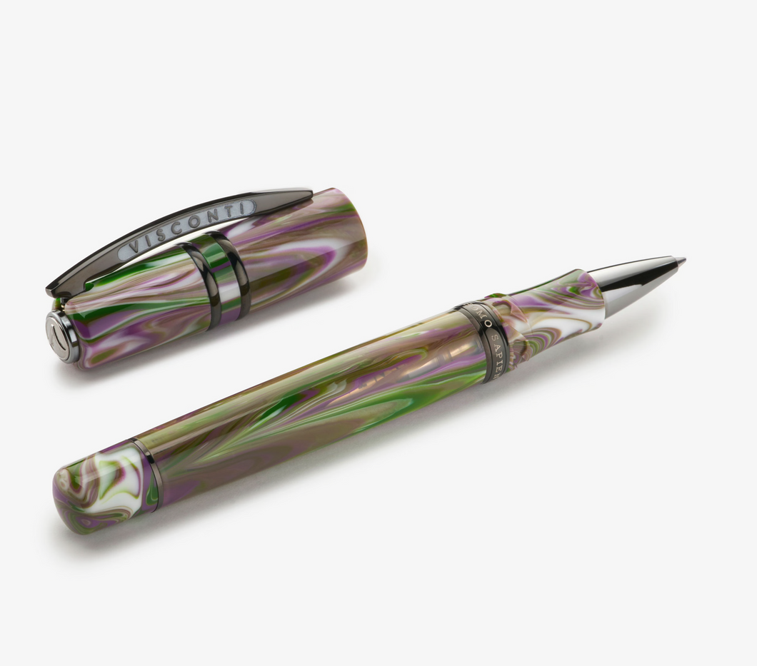 Visconti Homo Sapiens Lotus Garden Limited Edition Rollerball Pen with the cap set to the side. The pen is made with green, white, brown, and purple swirls of acrylic resin.