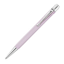 Load image into Gallery viewer, Front view of the lilac ballpoint pen. It has a lilac barrel with chrome accents on the top, cap, and nose section. The cap and barrel have an engraved guilloche-like design. 
