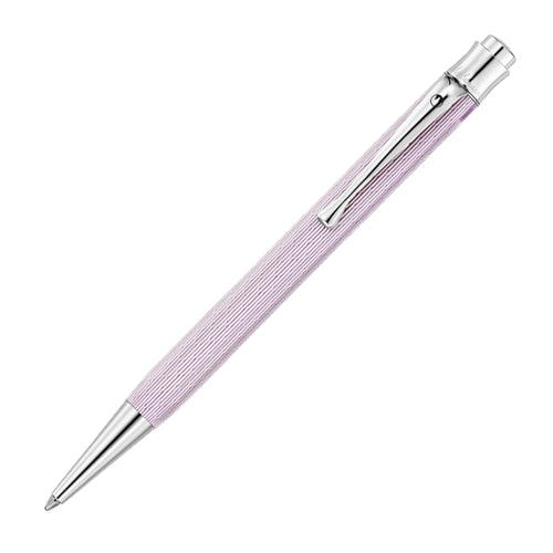Front view of the lilac ballpoint pen. It has a lilac barrel with chrome accents on the top, cap, and nose section. The cap and barrel have an engraved guilloche-like design. 