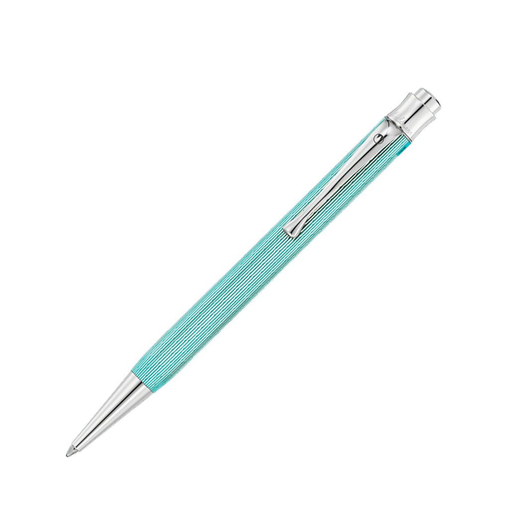 Front view of the aquamarine ballpoint pen. It has an aquamarine barrel with chrome accents on the top, cap, and nose section. The cap and barrel have an engraved guilloche-like design. 