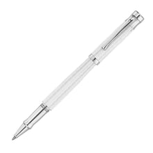 Load image into Gallery viewer, Front view of the white rollerball pen with the cap posted. The cap and barrel have an engraved guilloche-like design. 
