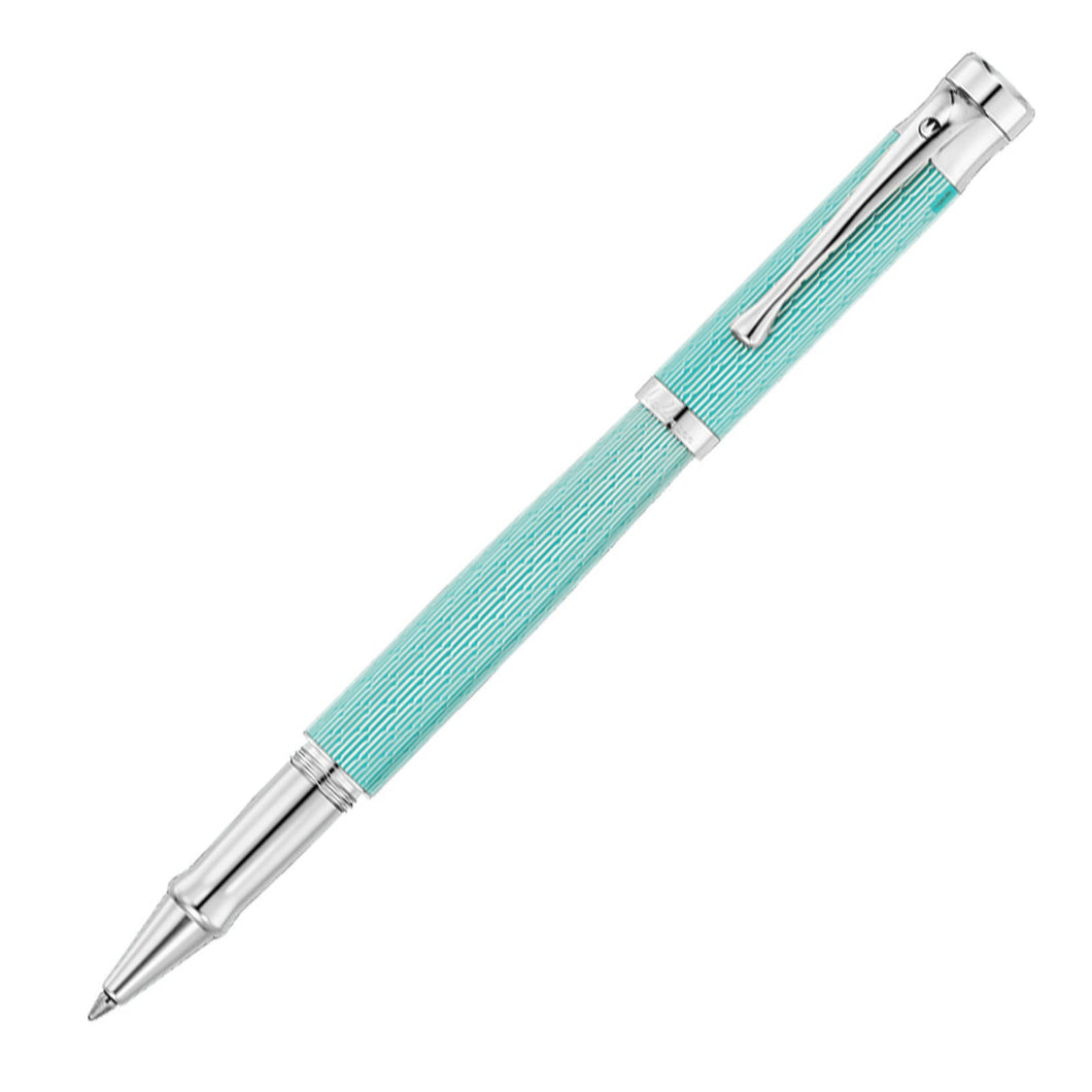 Front view of the aquamarine rollerball pen with the cap posted. The cap and barrel have an engraved guilloche-like design. 