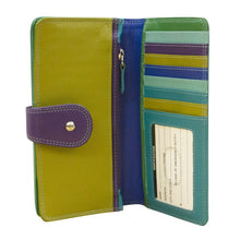 Load image into Gallery viewer, Interior view of the wallet with multiple card compartments, ID window, bill pockets, and a zipper-closing pocket.
