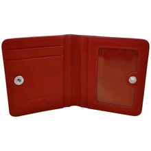 Load image into Gallery viewer, Inner view of the black wallet with red interior. 
