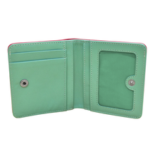 Load image into Gallery viewer, Open view to the Indian Pink wallet with turquoise interior.

