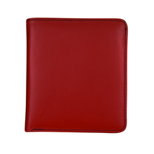 Load image into Gallery viewer, Front view of the red and black wallet. 
