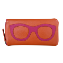 Load image into Gallery viewer, Front view of the orange glasses case with hot pink glasses design.
