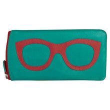 Load image into Gallery viewer, Front view of the aqua glasses case with orange glasses design.
