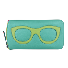 Load image into Gallery viewer, Front view of the turquoise glasses case with pear green glasses design.
